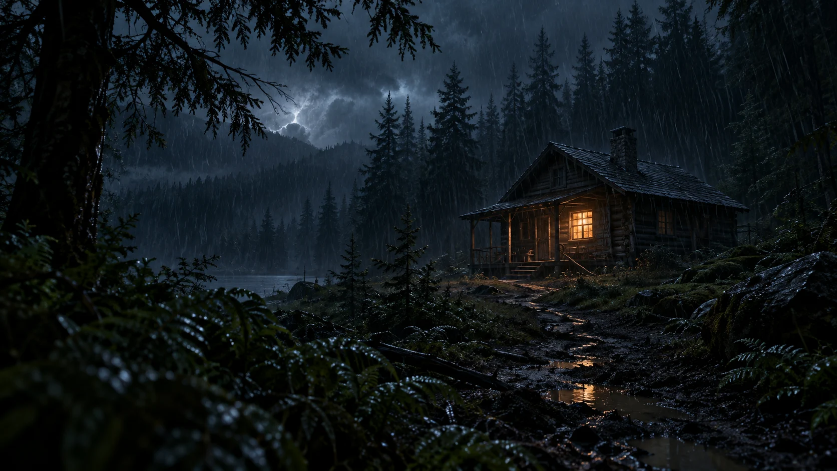 A single warm window glows in a remote forest cabin during heavy rain.