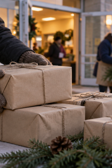 Gloved hands return blank gifts to a community donation table.