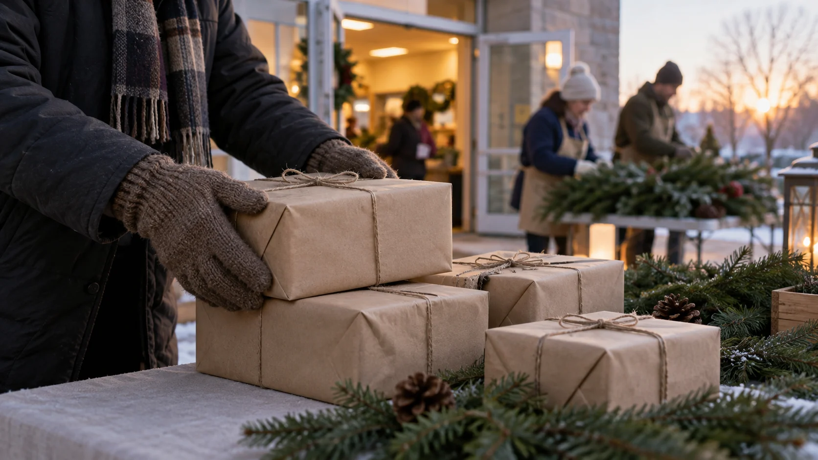 Gloved hands return blank gifts to a community donation table.