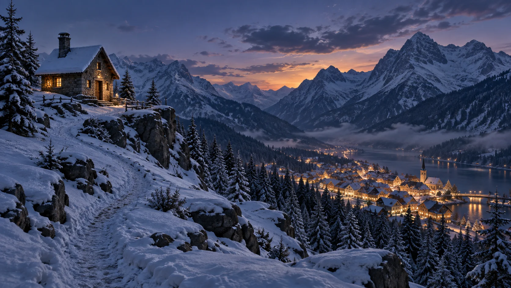 An isolated snowy cottage overlooks a warmly lit alpine village.