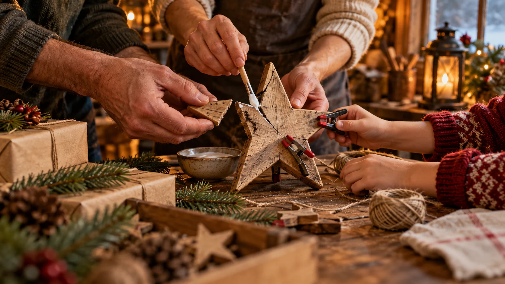 Adult and child hands repair a wooden holiday star together.