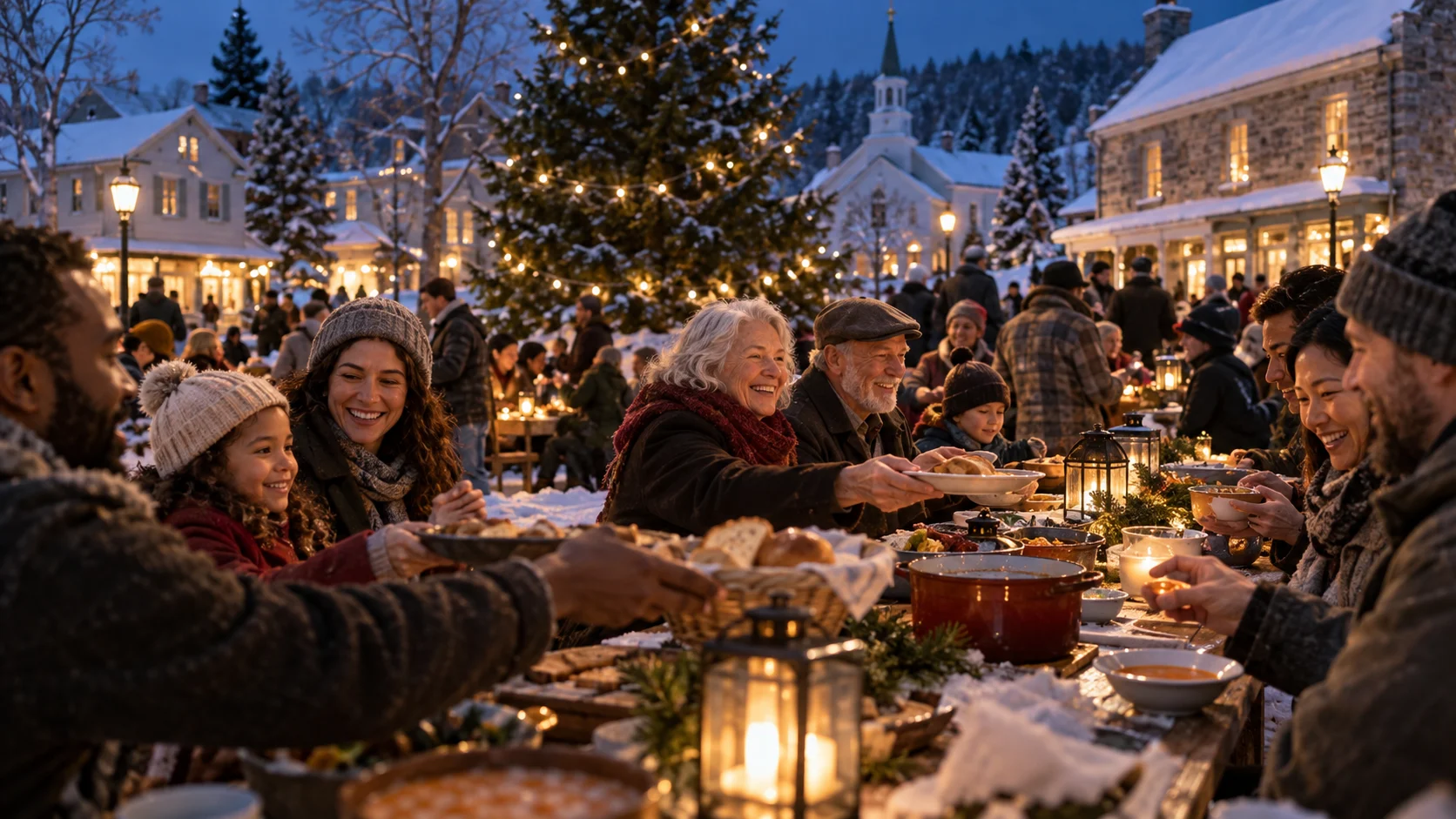 A snowy small-town community shares an outdoor holiday meal.