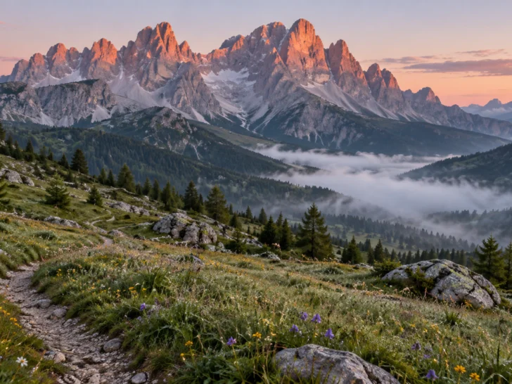 Wildflower meadow and misty Dolomite peaks glowing at dawn