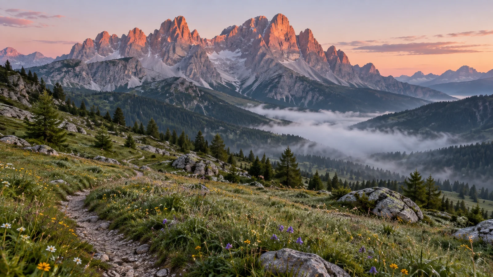 Wildflower meadow and misty Dolomite peaks glowing at dawn