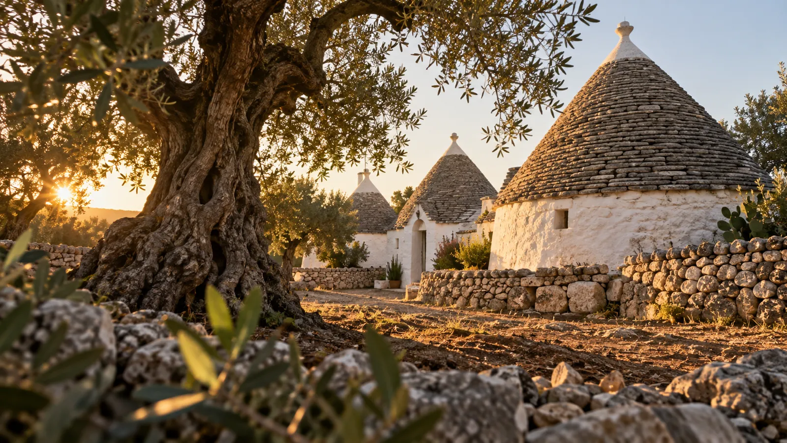 Ancient olive tree beside whitewashed trulli in golden light