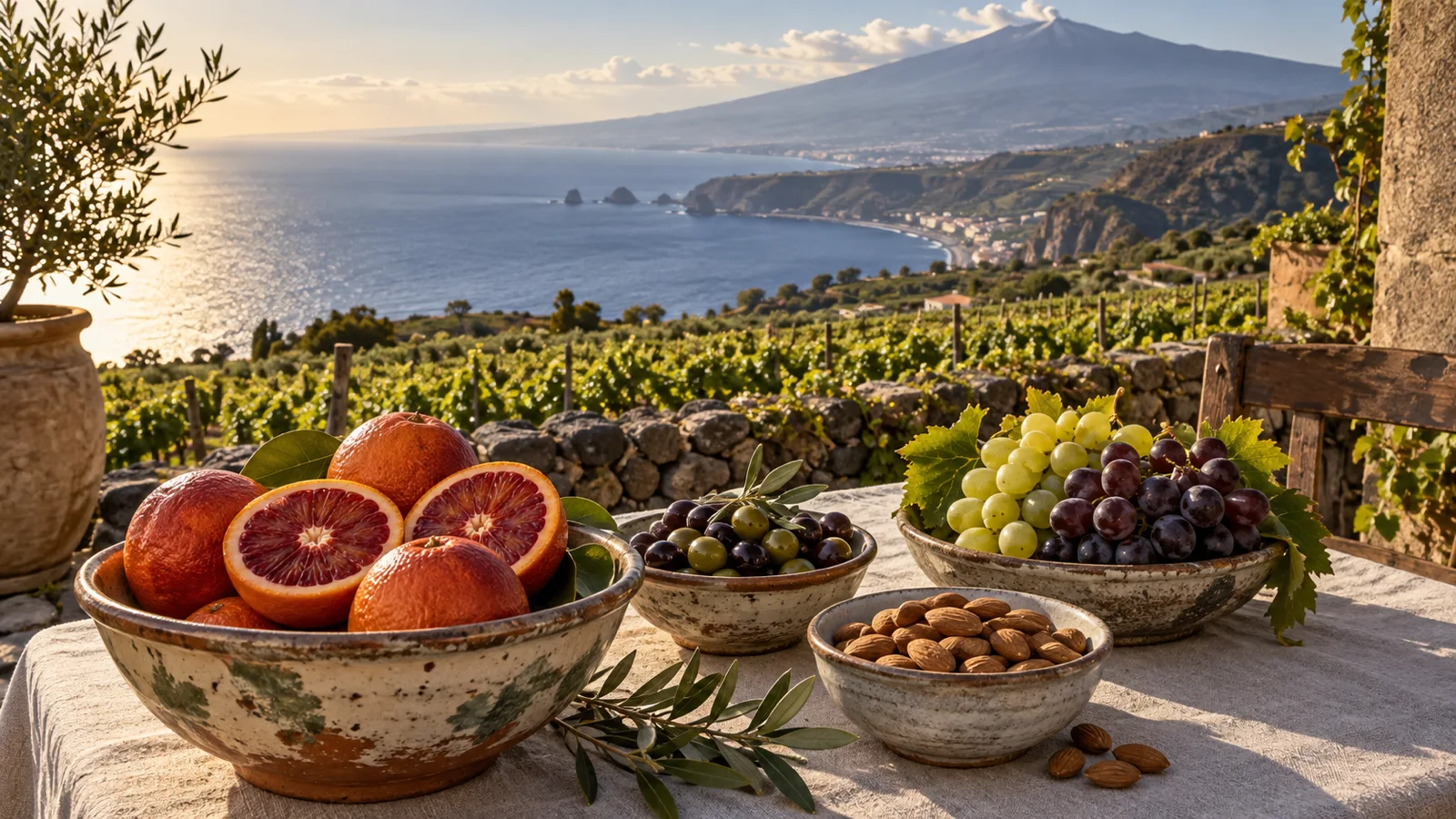 Blood oranges, olives, almonds, and grapes overlooking a Sicilian coast