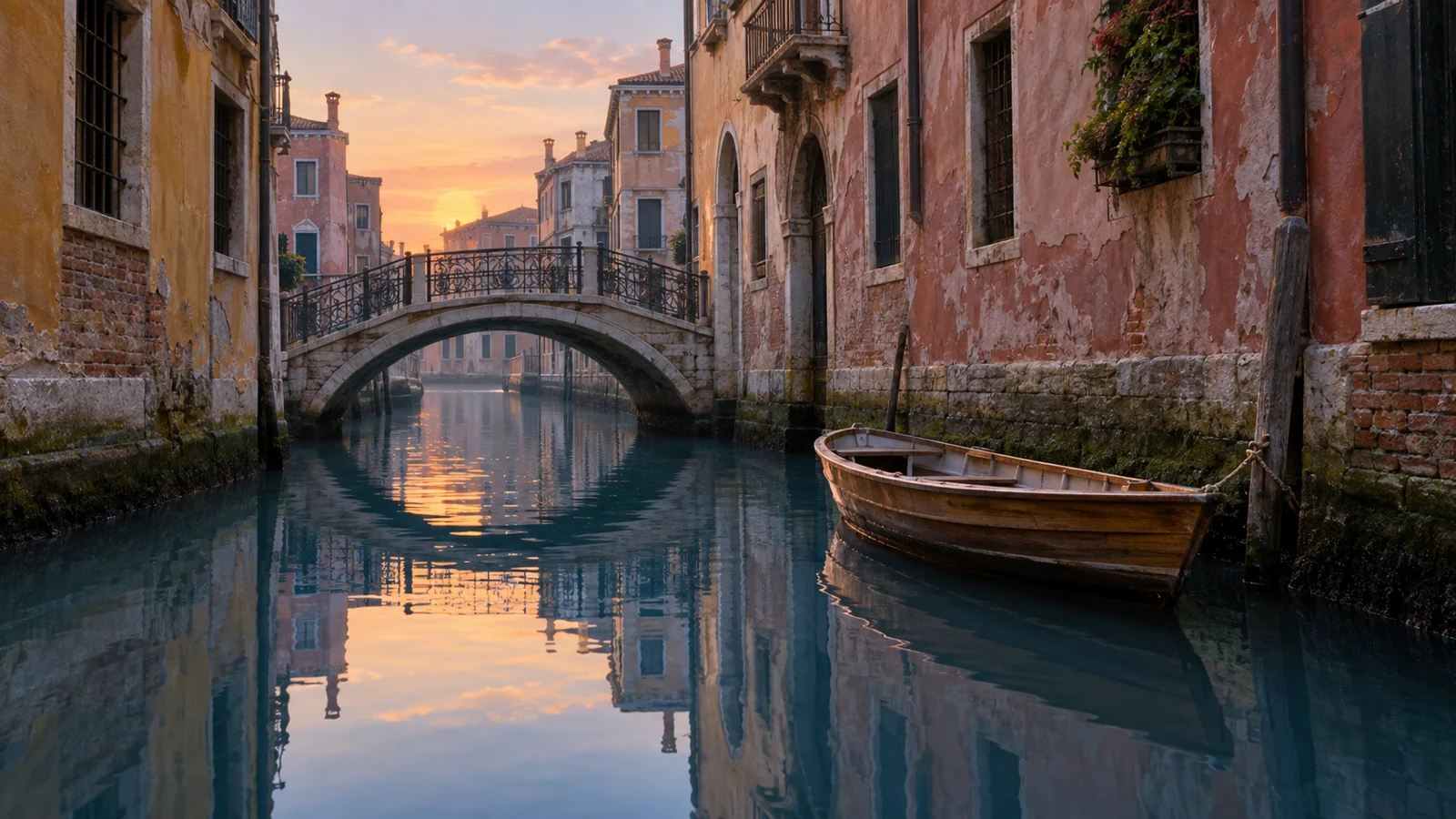 Quiet Venetian canal with a wooden rowboat and sunrise reflections