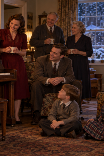 Family and friends gather around a piano in a modest late-1940s home.