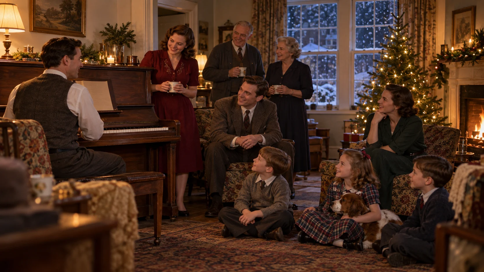 Family and friends gather around a piano in a modest late-1940s home.