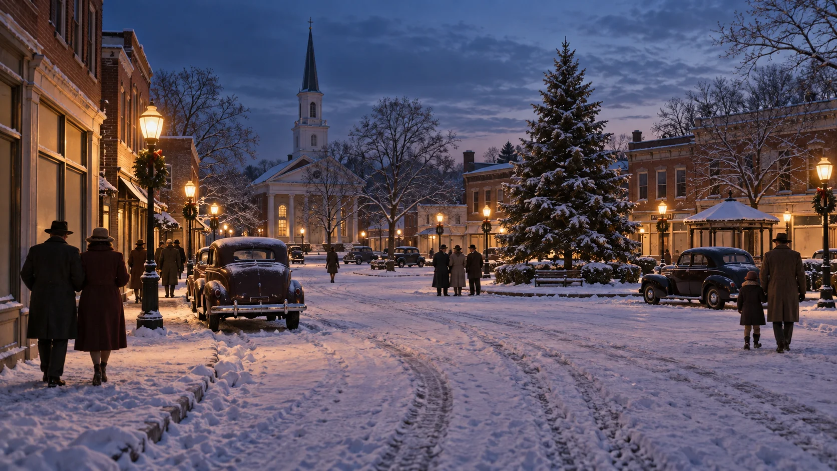 Townspeople cross a snowy American square on a late-1940s winter evening.