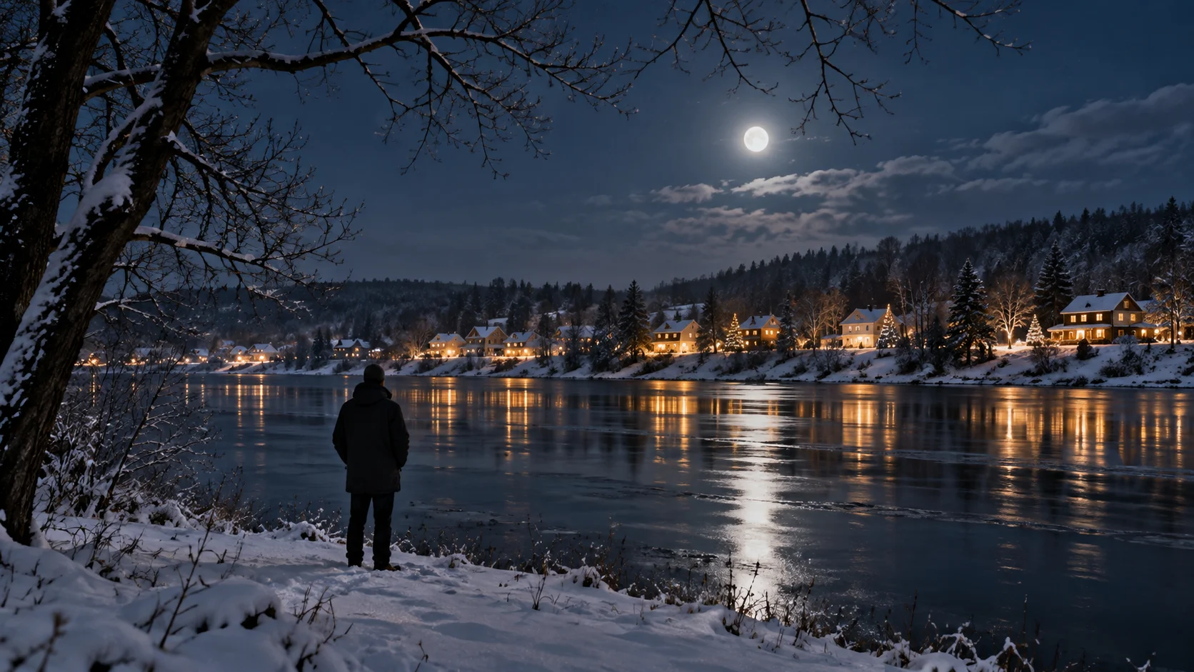 A solitary figure looks across moonlit water toward warm homes in the snow.