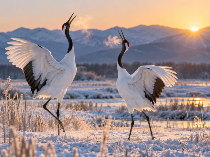 Red-crowned cranes dancing in a snowy Hokkaido marsh at sunrise