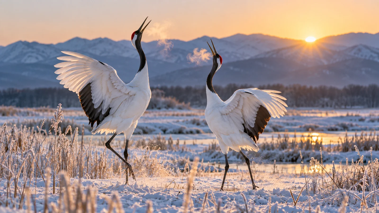 Red-crowned cranes dancing in a snowy Hokkaido marsh at sunrise