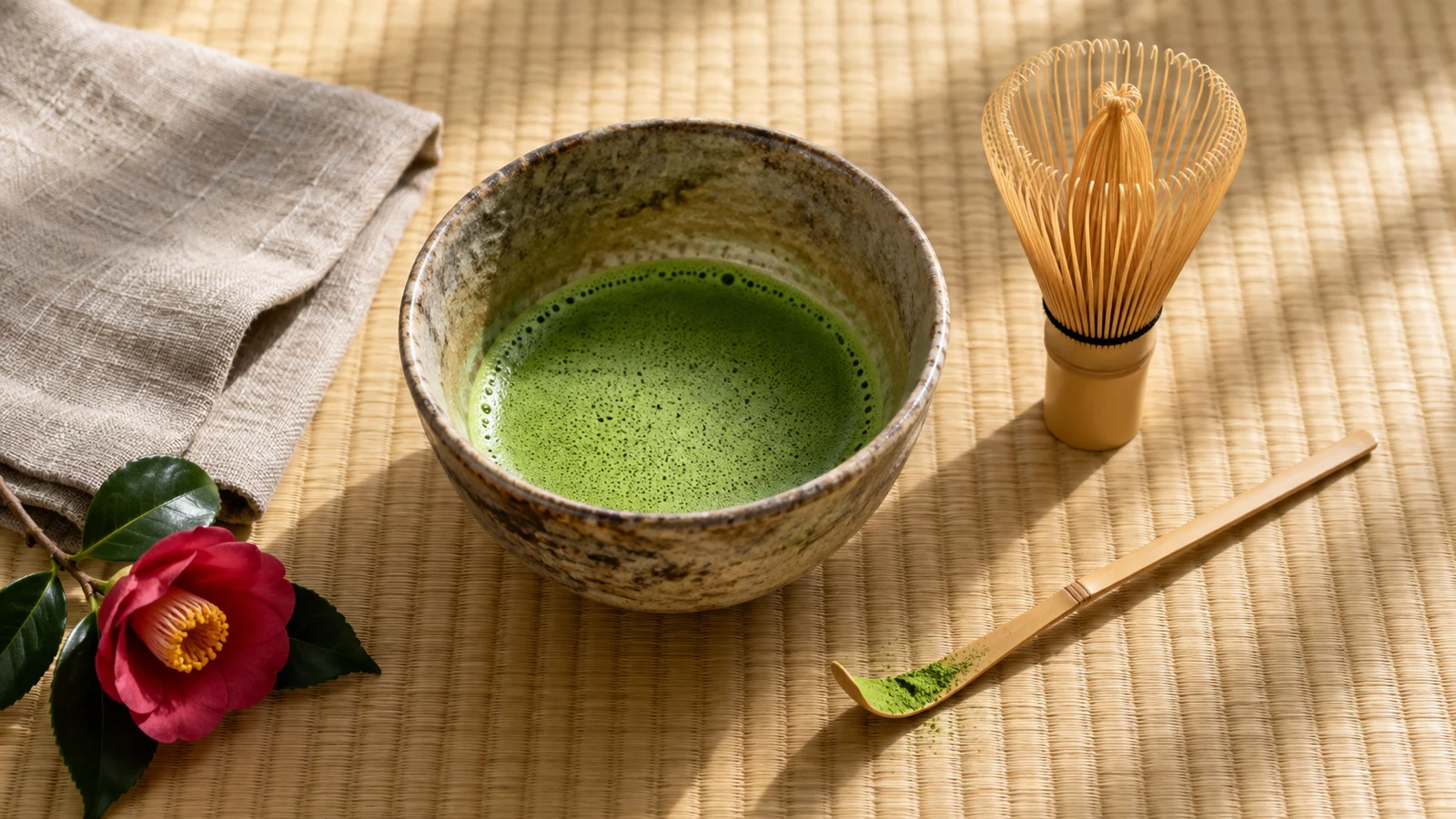 Matcha bowl, bamboo whisk, tea scoop, and camellia on tatami