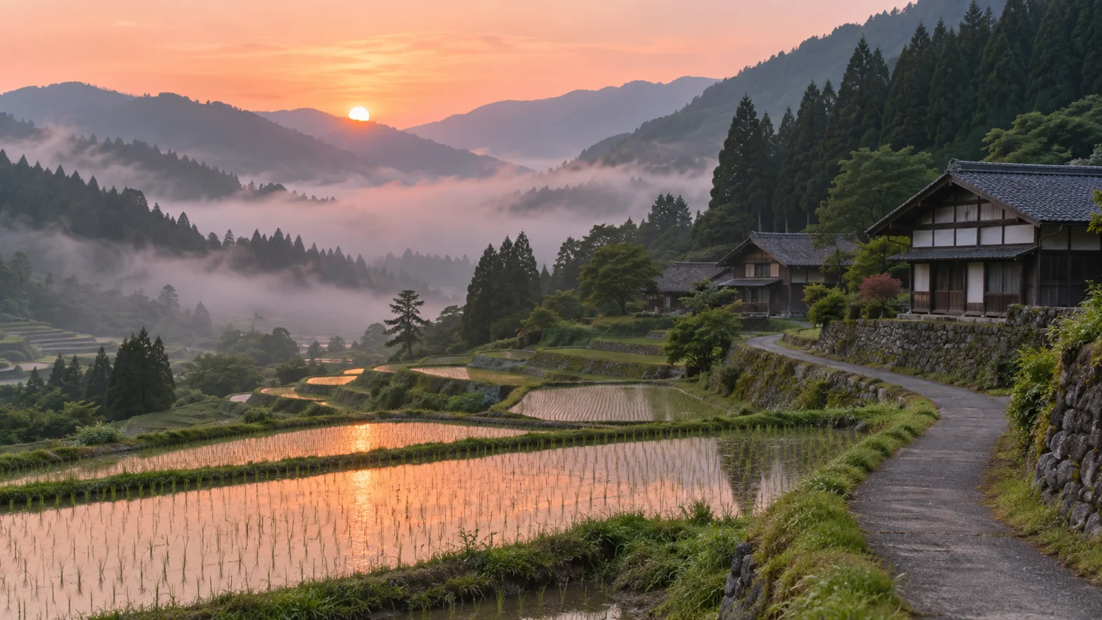Sunrise reflected across misty rice terraces in a Japanese mountain village