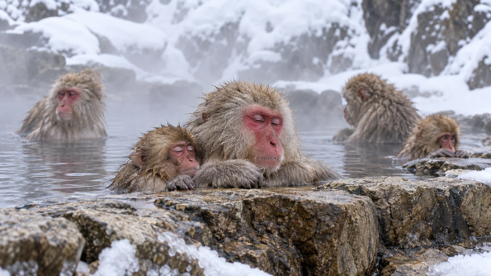 Japanese macaques resting in a snowy mountain hot spring