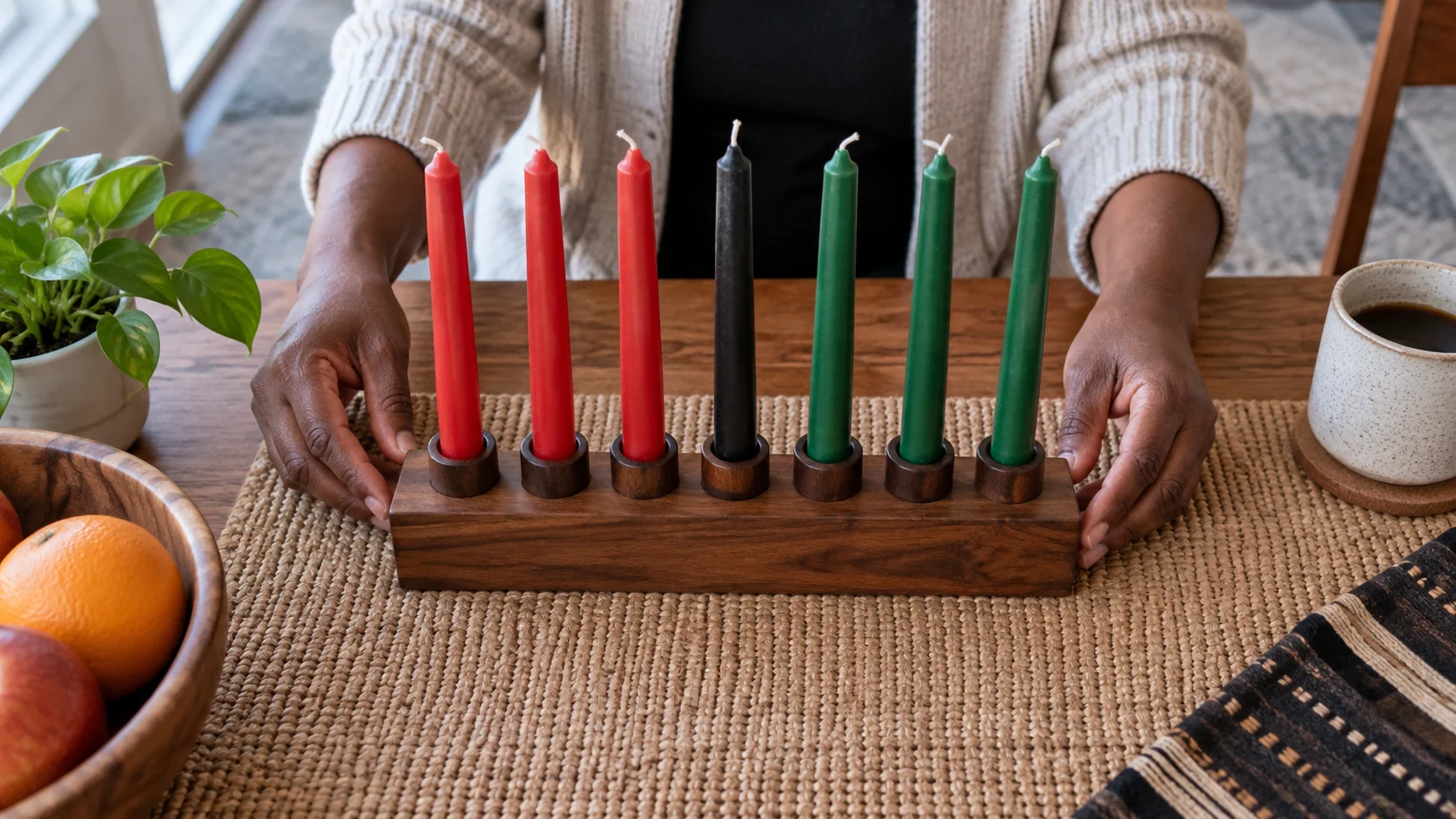 Hands steady a kinara with seven unlit Kwanzaa candles.
