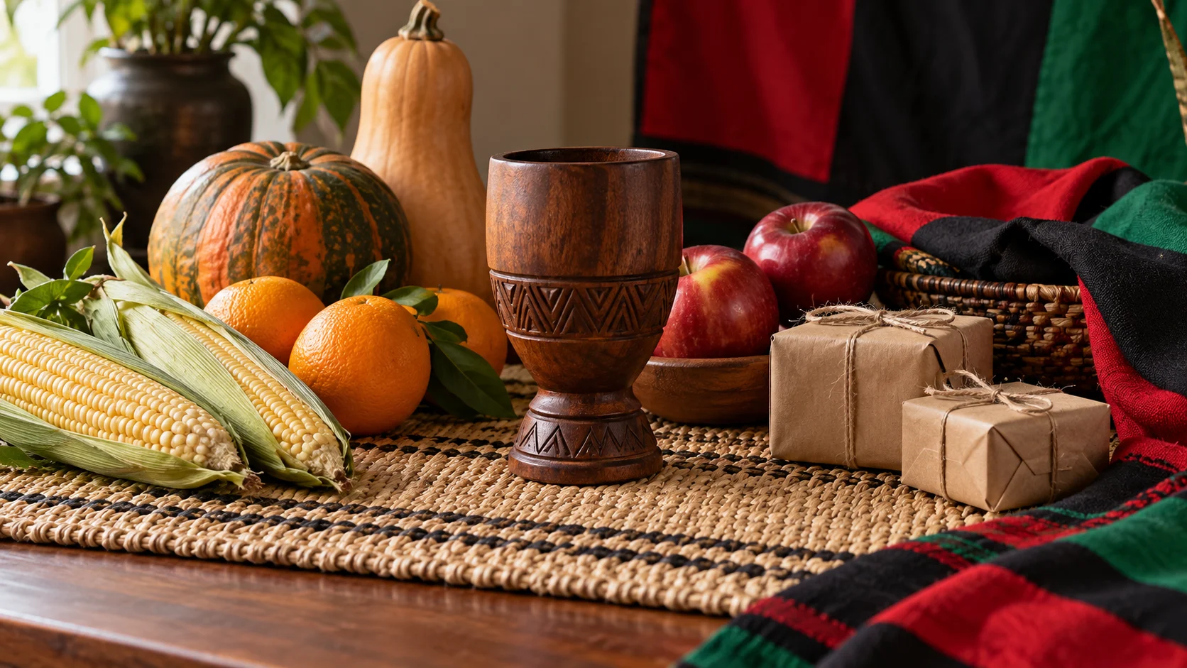 A unity cup, harvest foods, and handmade gifts rest on a woven mat.