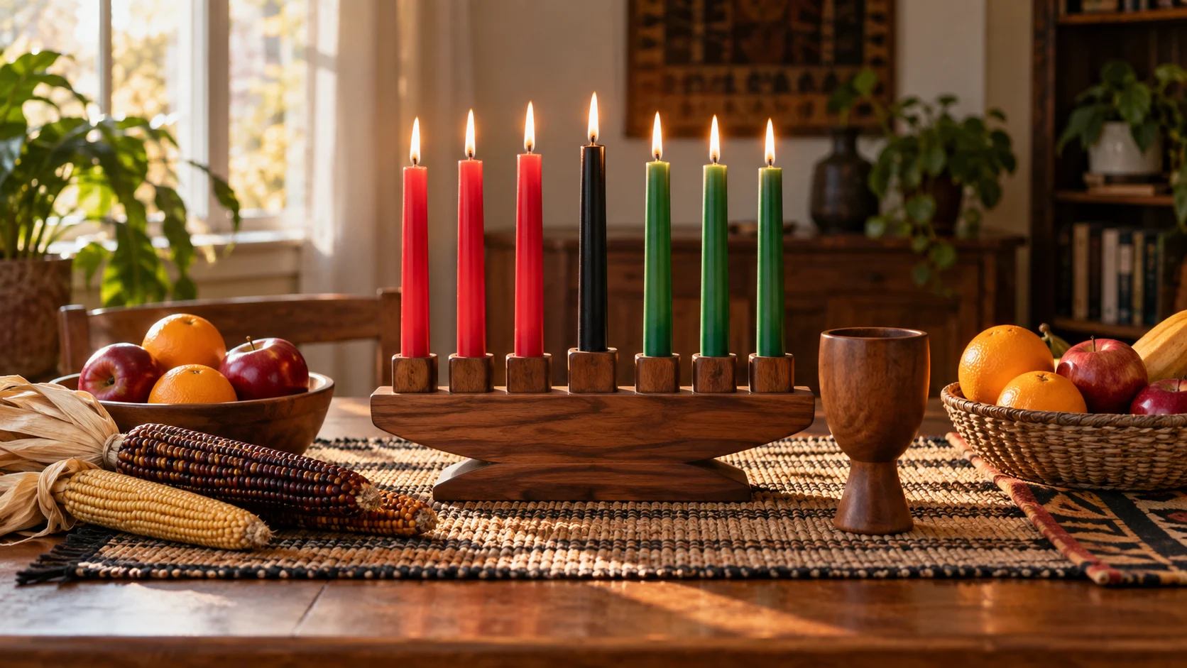 A seven-candle kinara stands among corn, fruit, and a unity cup.