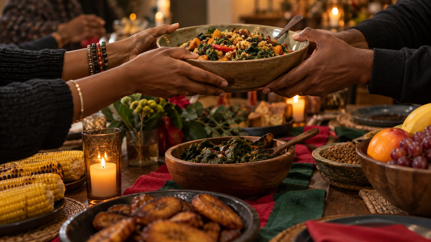 Family members share a bowl at a warm Kwanzaa meal.
