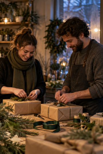 Two coworkers wrap plain gifts together in a flower shop after hours.