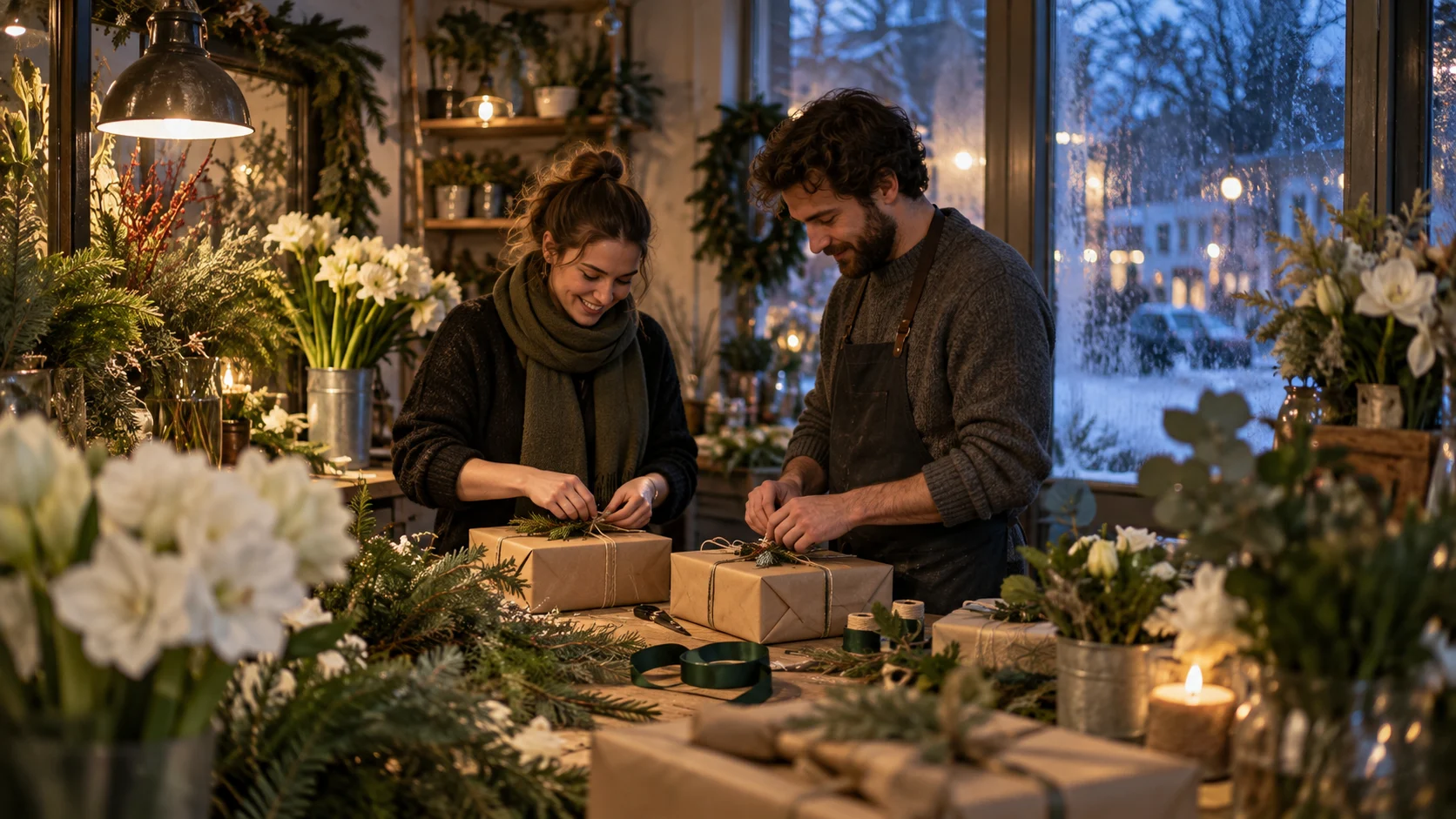 Two coworkers wrap plain gifts together in a flower shop after hours.