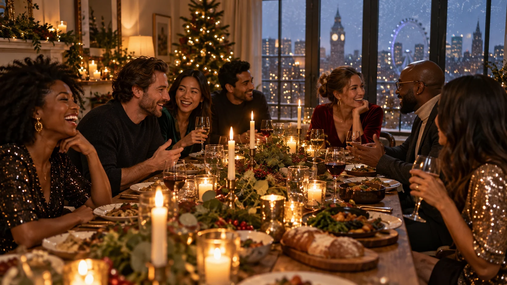 Adult friends share a candlelit holiday dinner in a London townhouse.