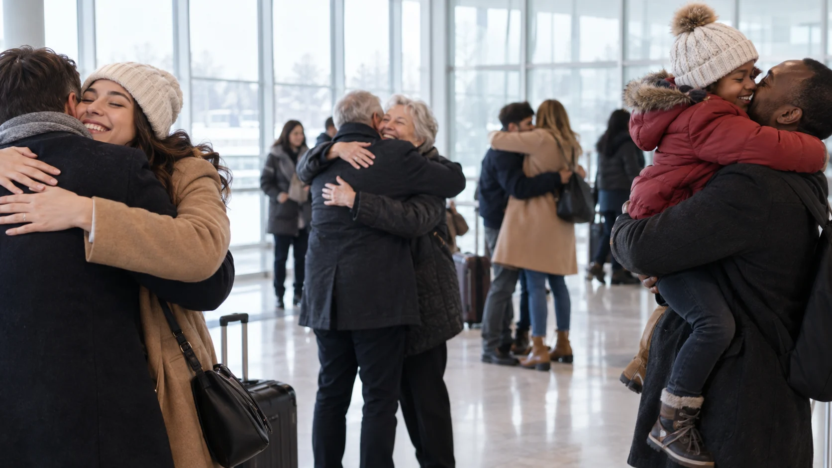 Couples, friends, and family members reunite in a bright winter airport terminal.