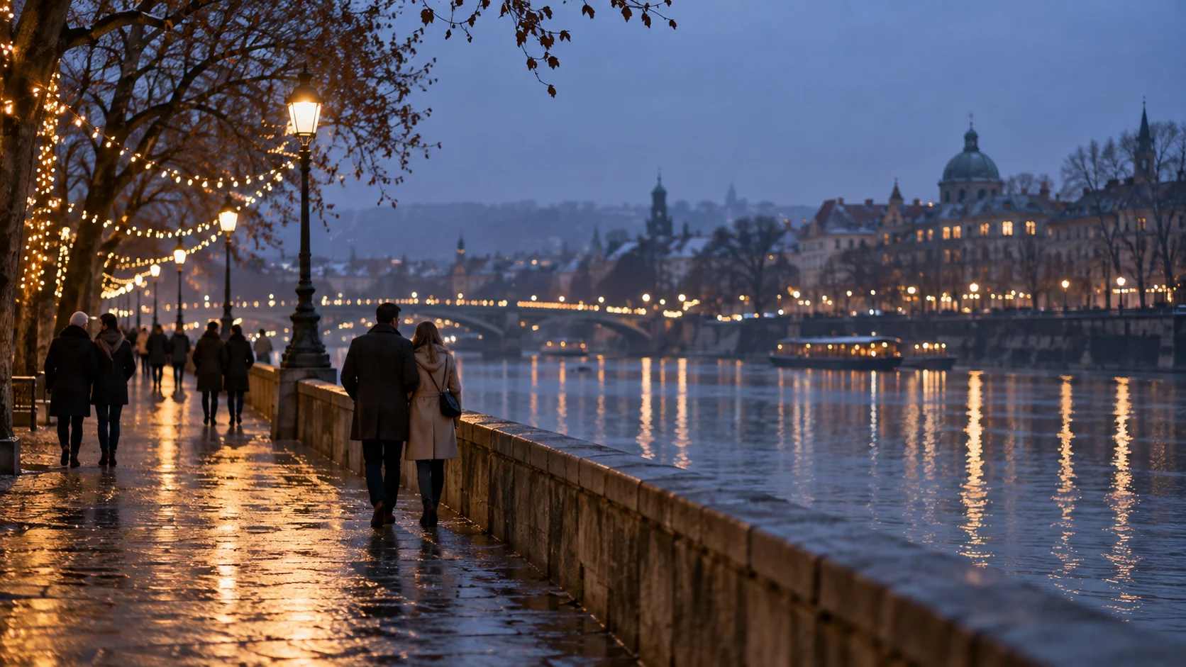 A couple walks beside a wintry city river beneath warm holiday lights.