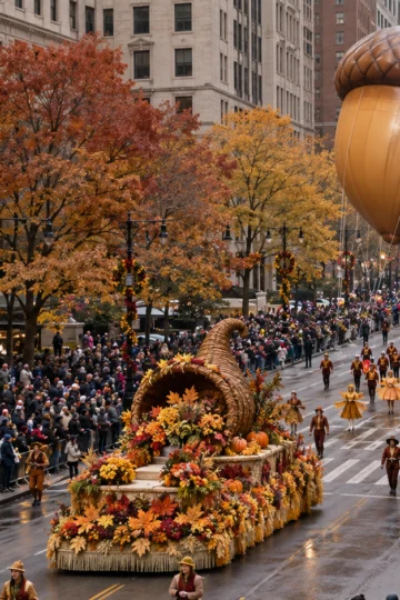 Giant acorn balloon floating above an autumn city parade