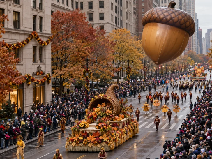 Giant acorn balloon floating above an autumn city parade
