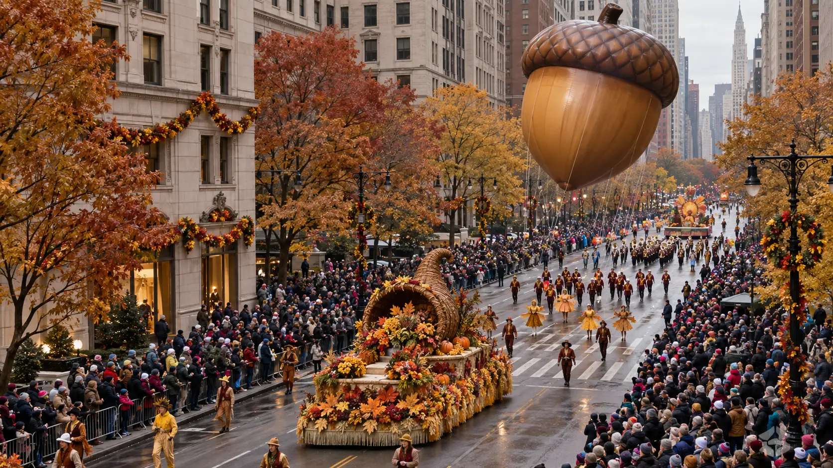 Giant acorn balloon floating above an autumn city parade