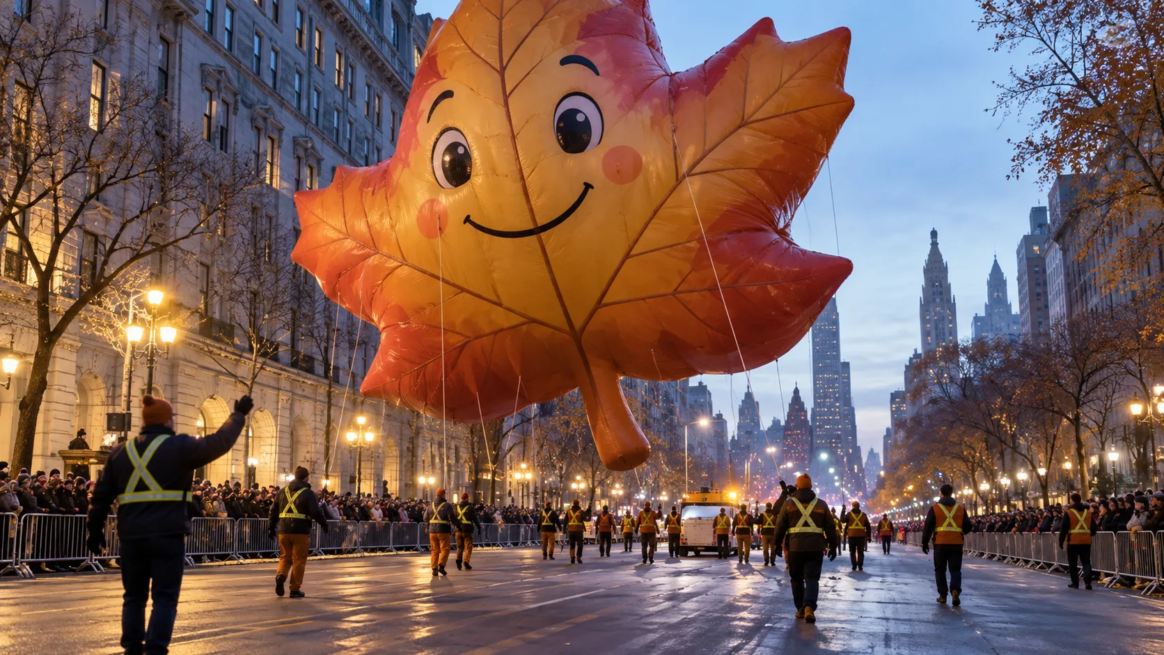 Original autumn leaf parade balloon guided along a city avenue at dawn
