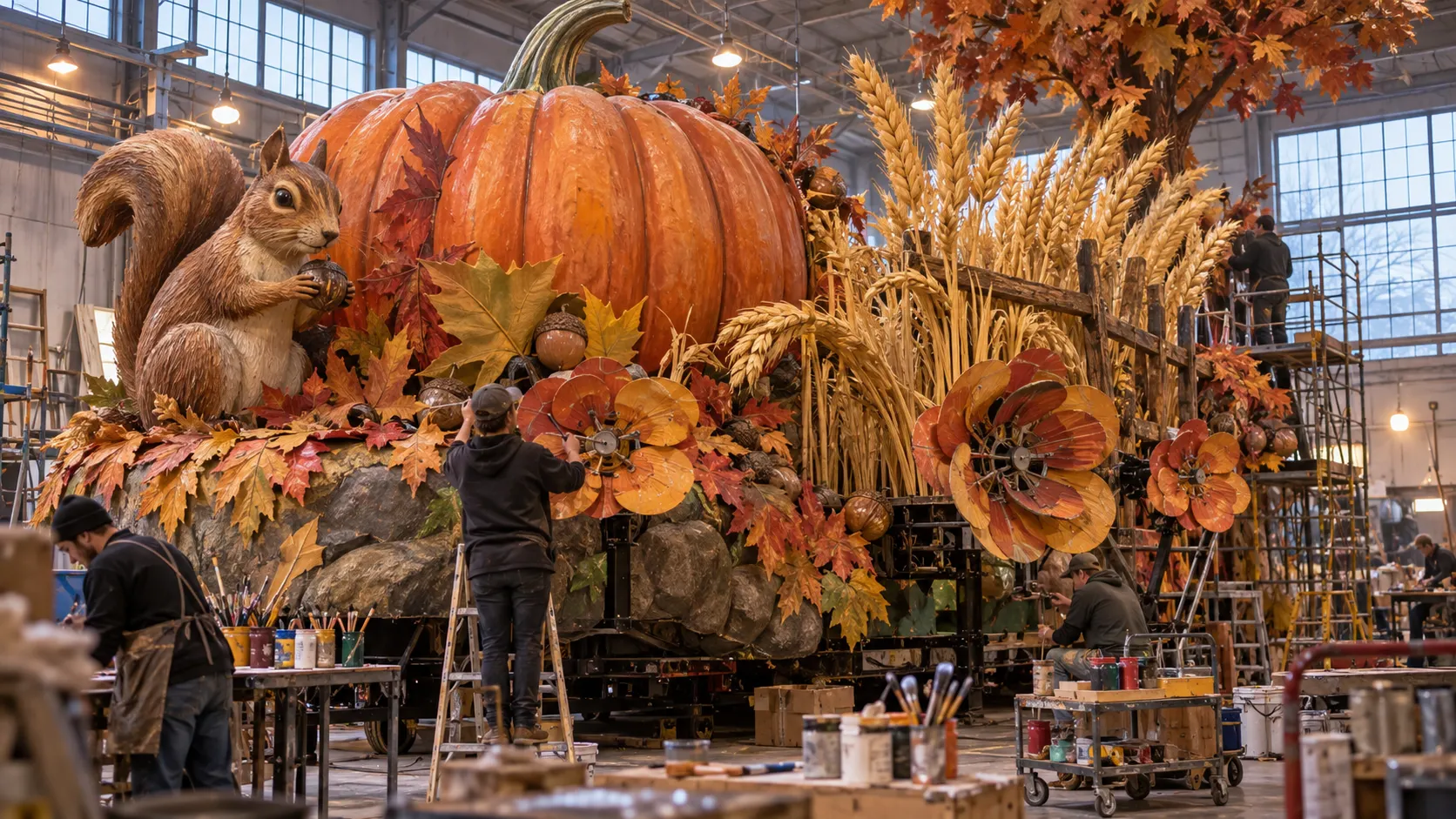 Artisans building an original harvest parade float in a workshop