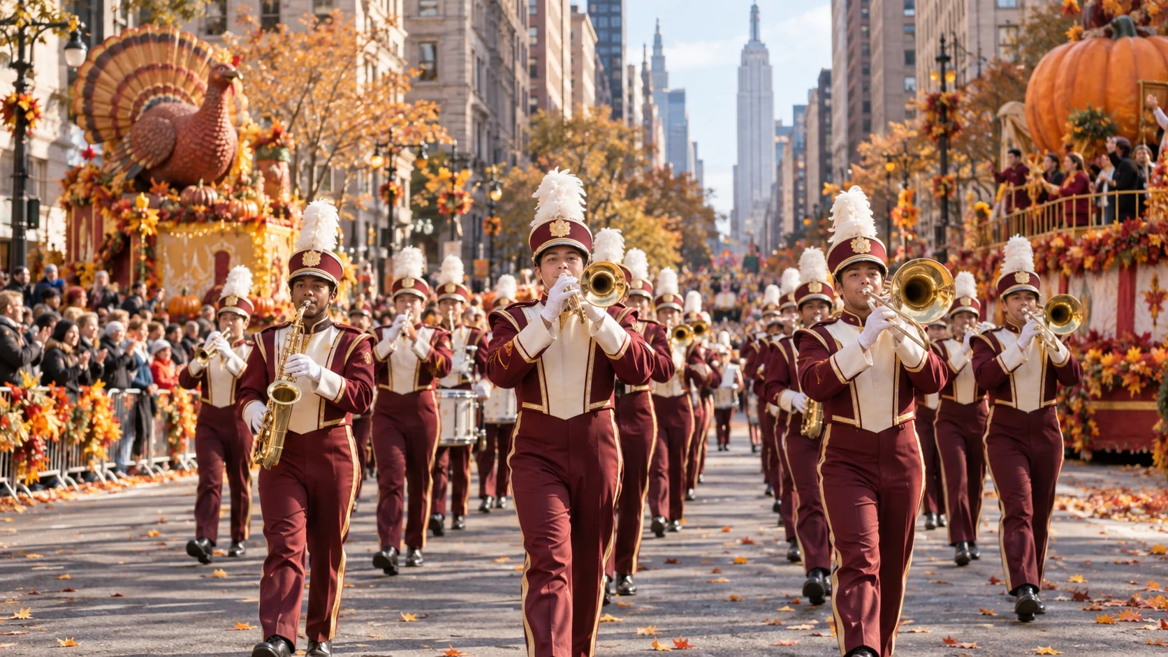 Unbranded brass band marching in an autumn city parade