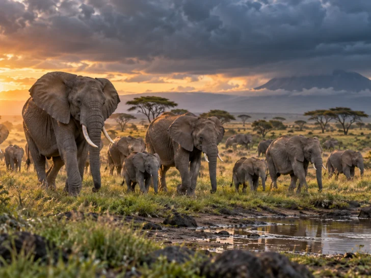 Elephant herd approaching a savanna waterhole at sunrise
