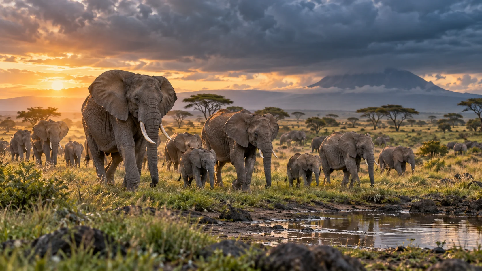 Elephant herd approaching a savanna waterhole at sunrise
