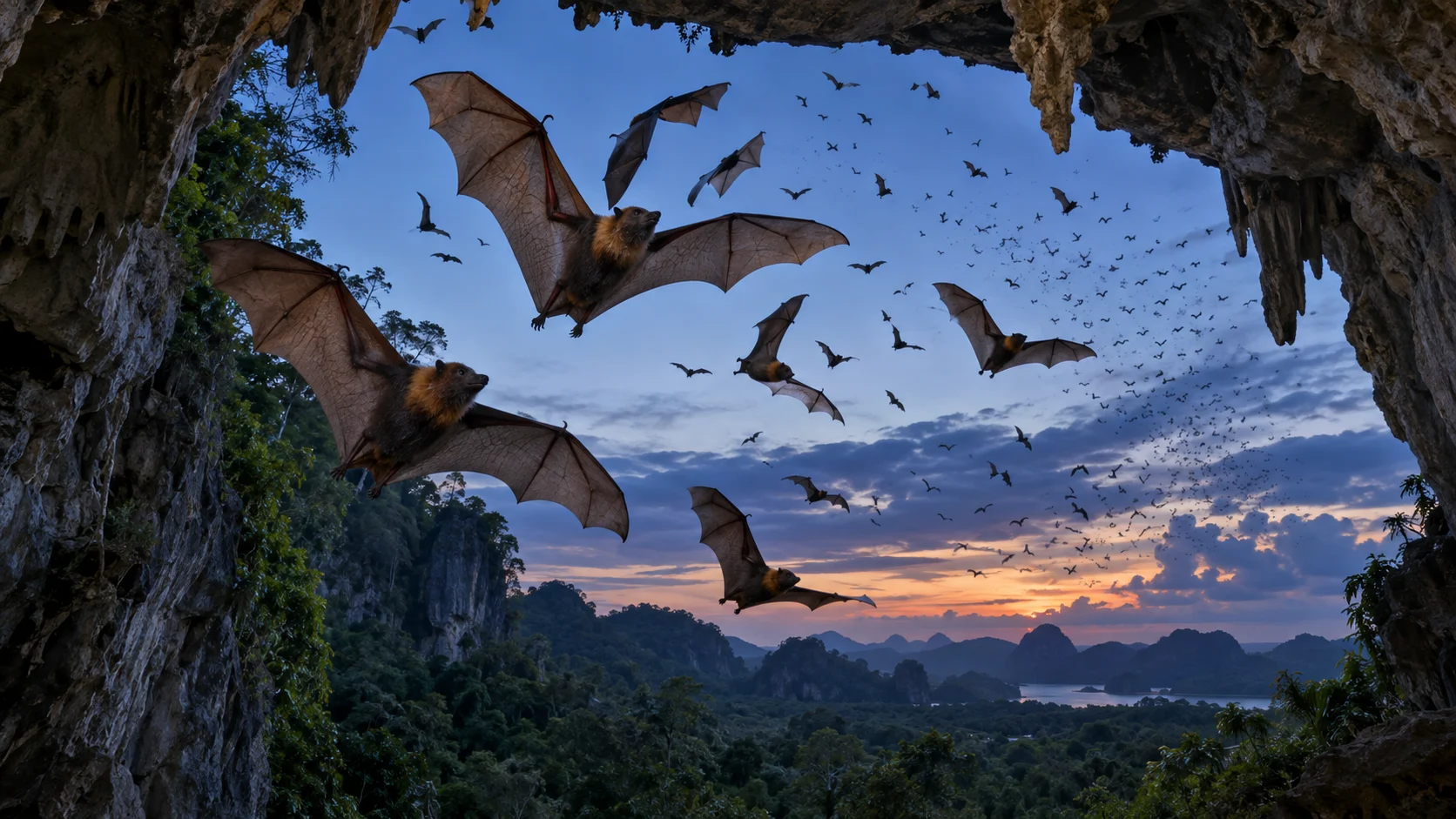 Fruit bats emerging from a tropical cave at twilight