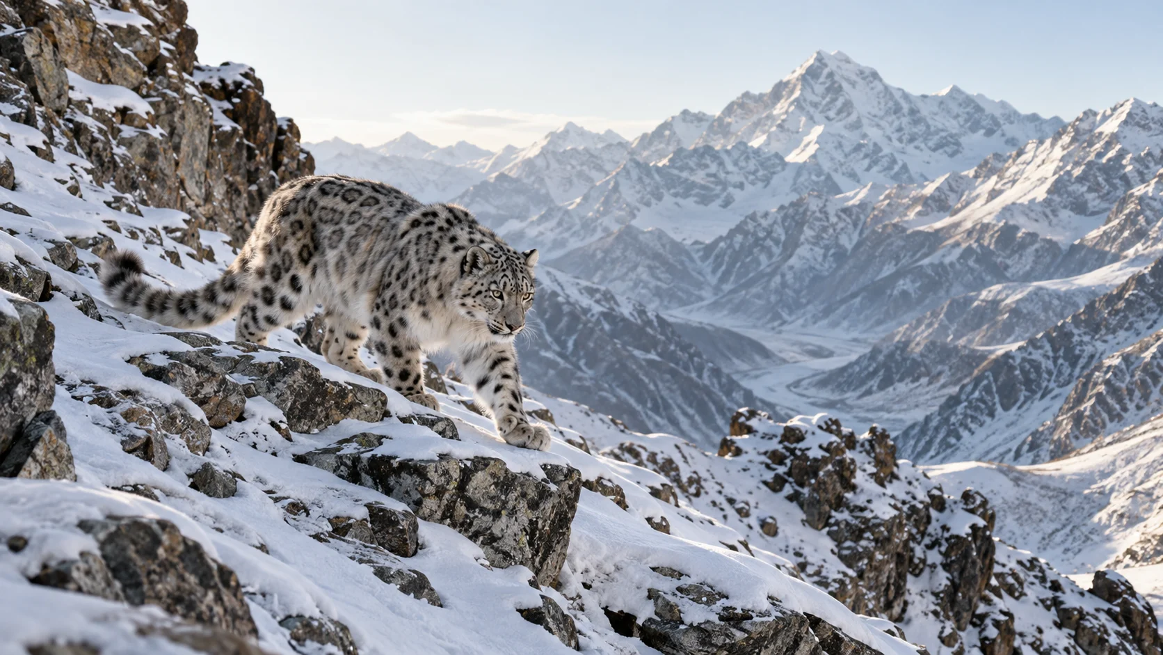 Snow leopard crossing a snowy mountain ledge