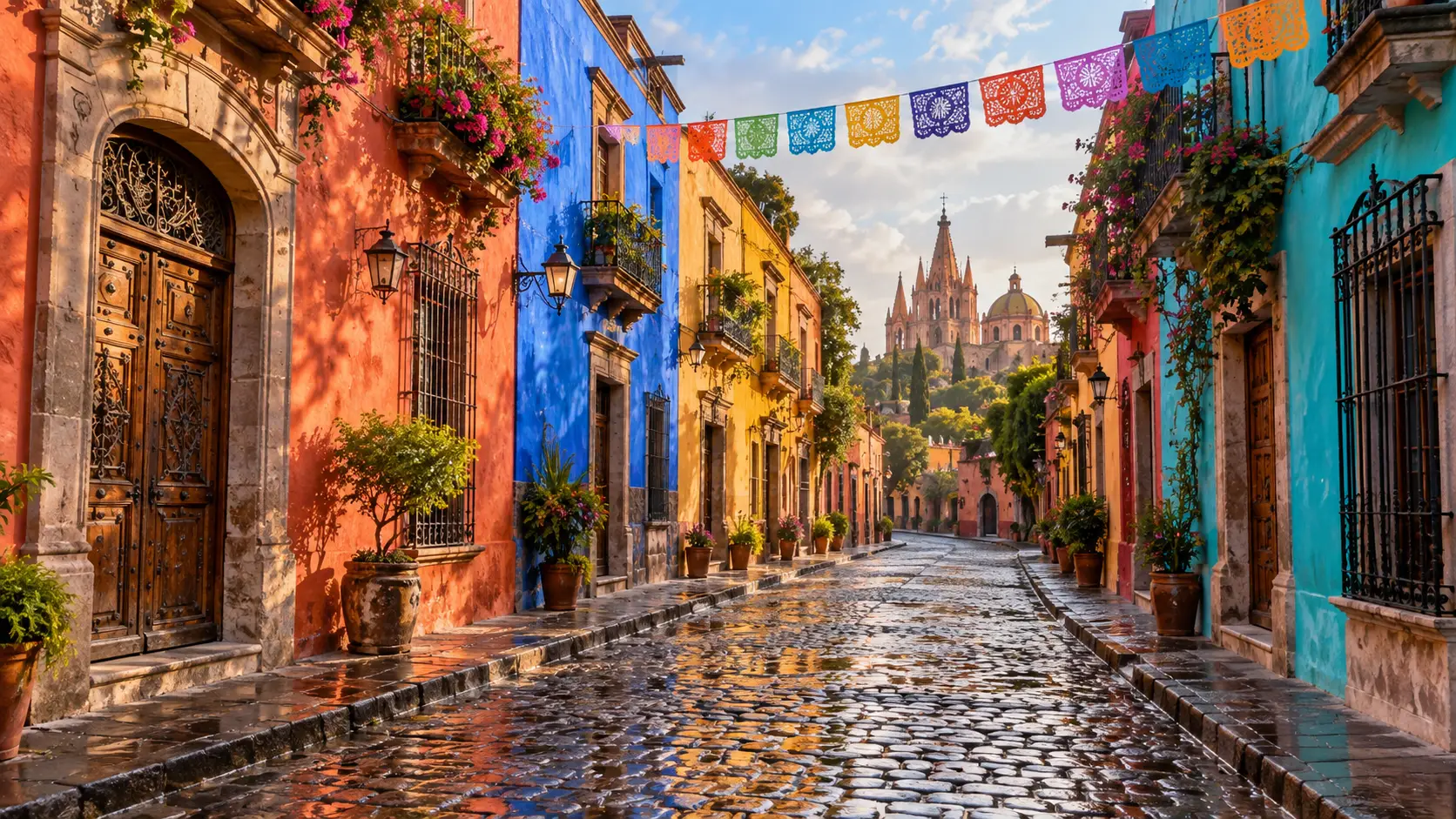 Colorful colonial street after rain
