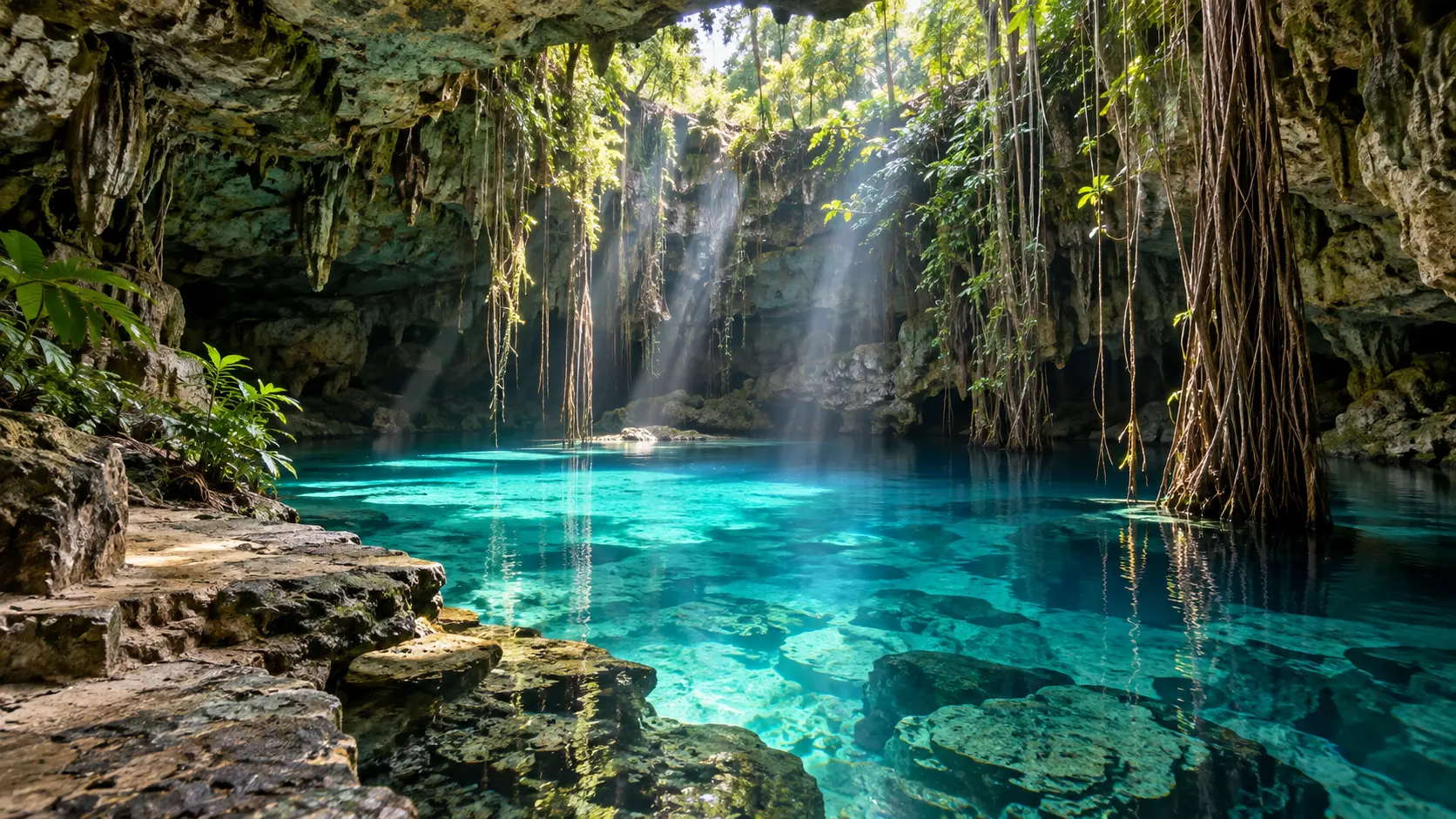 Yucatan cenote with sunbeams