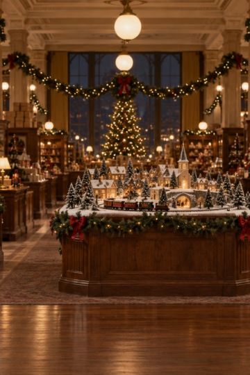 An unbranded late-1940s department store toy floor glows after closing.