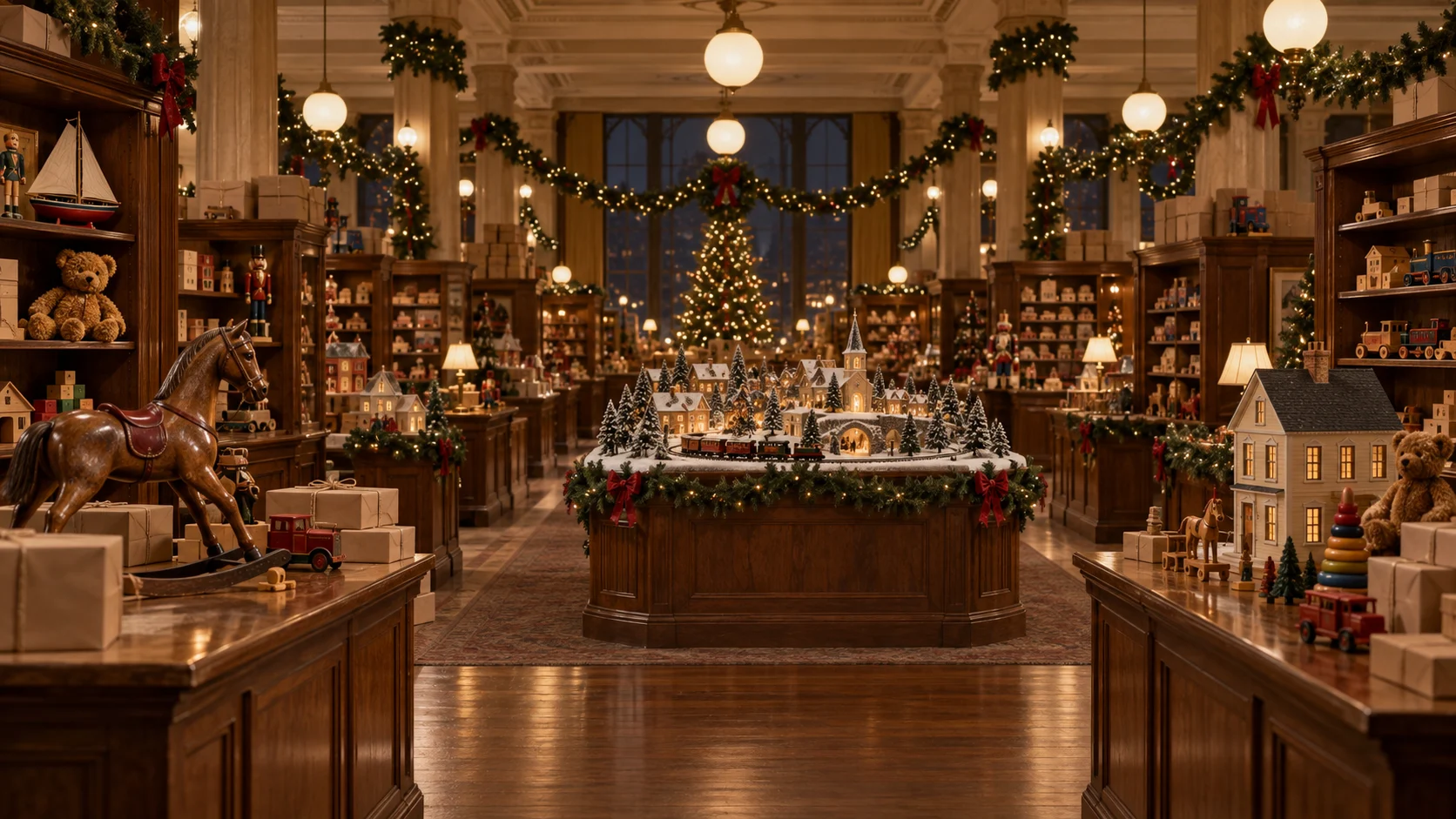 An unbranded late-1940s department store toy floor glows after closing.