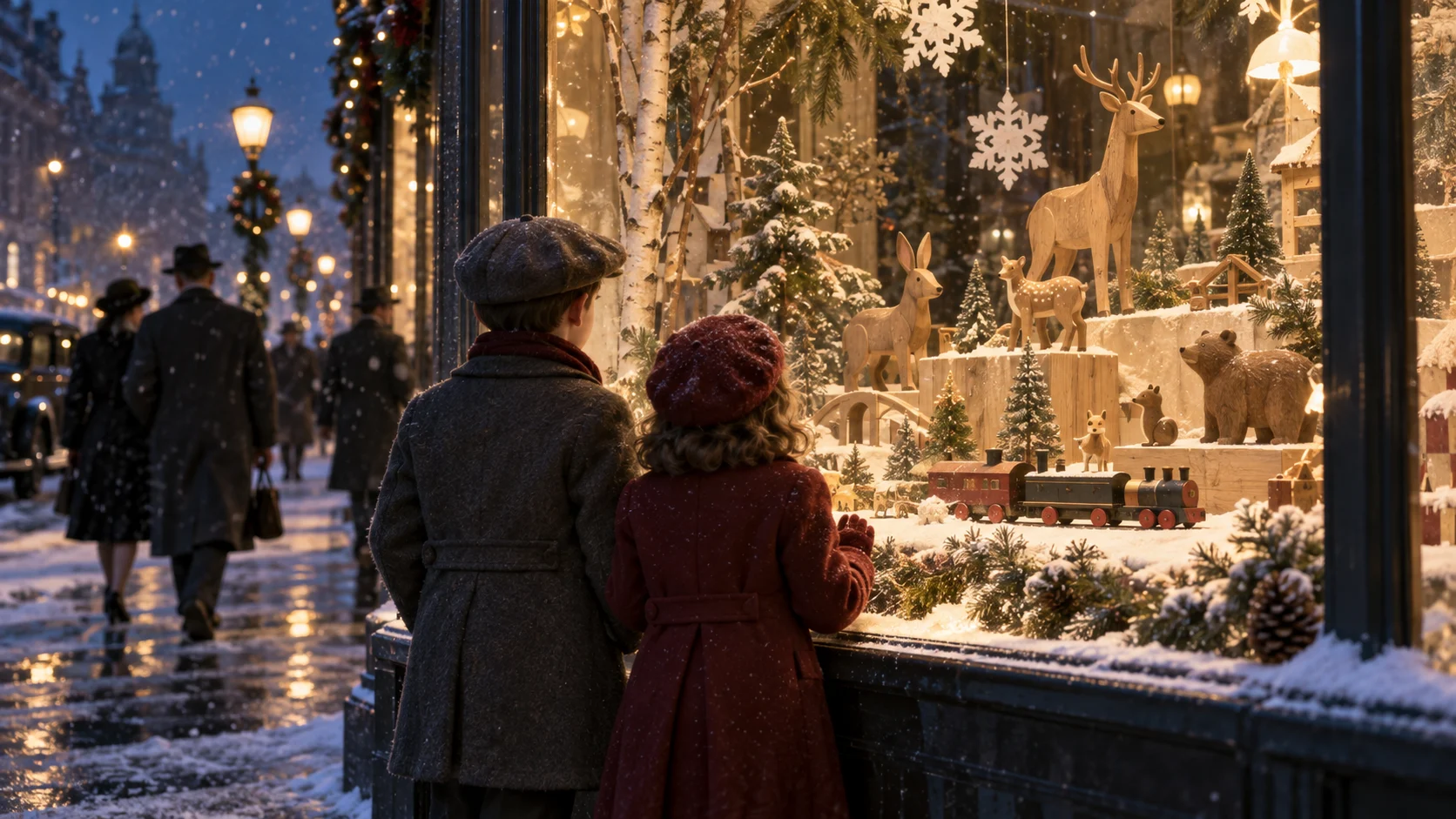 Two children admire wooden toys in a glowing snowy department-store window.
