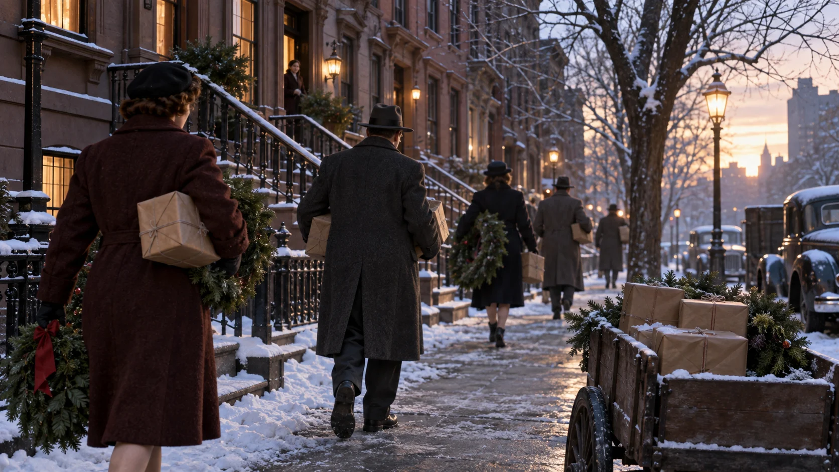 Volunteers deliver plain parcels along a snowy New York residential street.