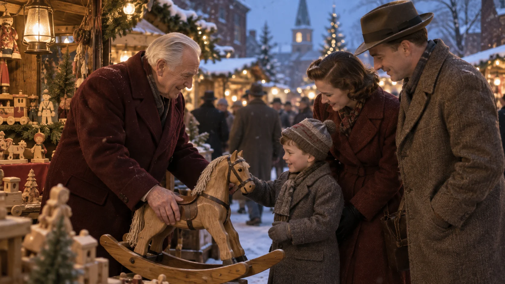 An older man helps a family choose a wooden rocking horse at a winter market.