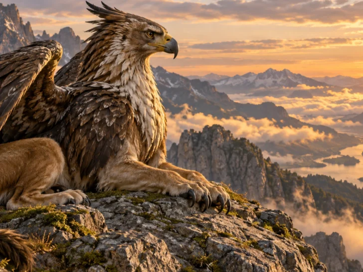 A griffin-like creature rests on an alpine ledge at sunrise.