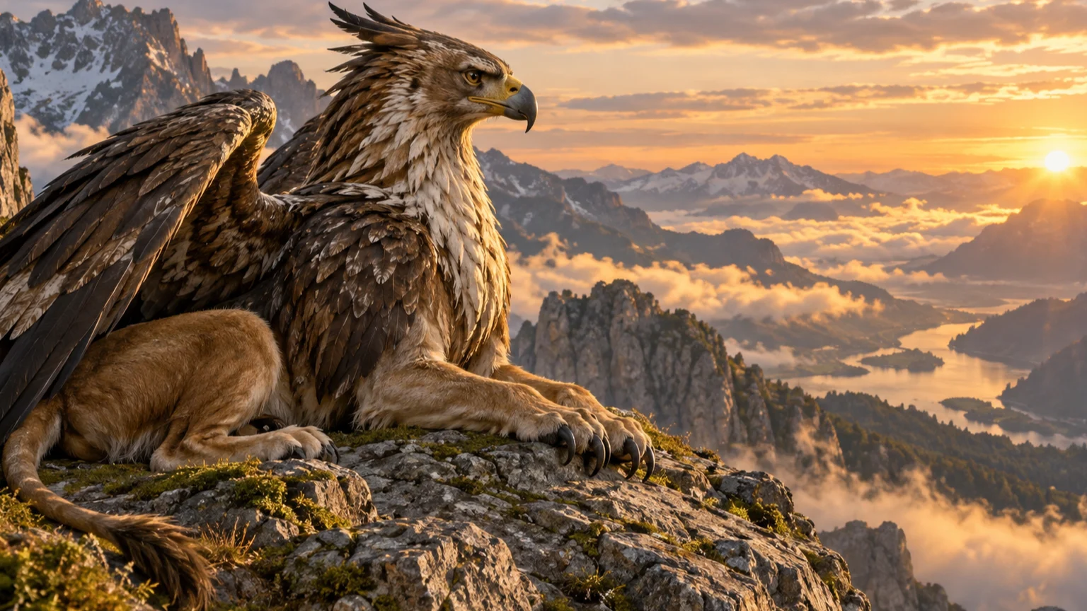 A griffin-like creature rests on an alpine ledge at sunrise.