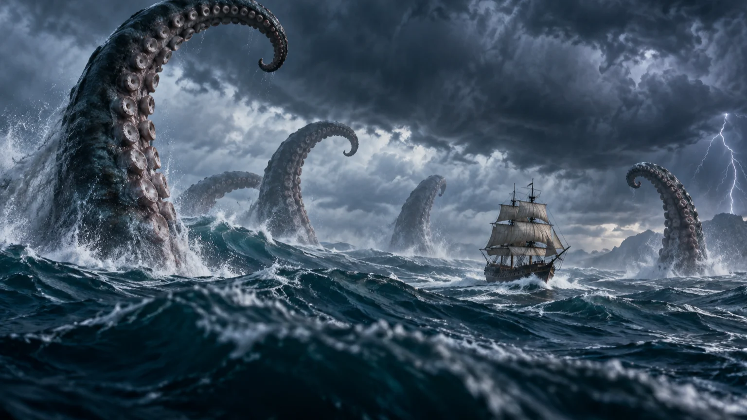 Enormous kraken tentacles rise from stormy seas around a distant sailing ship.
