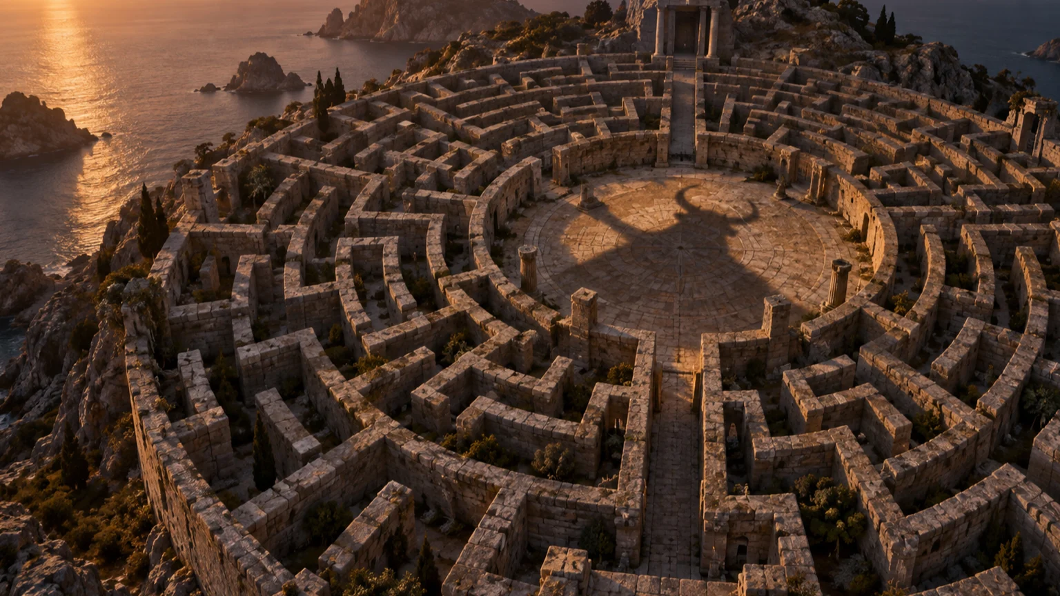 A horned guardian's shadow stretches across the center of an ancient stone labyrinth.